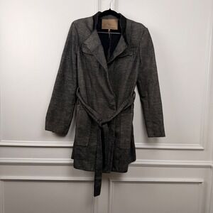 Max Azria Grey Cotton Wool Tweed Belted Wrap Coat Jacket Womens Size L